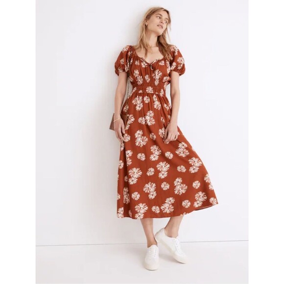 Madewell Dresses & Skirts - Madewell Linen-Blend Sophia Midi Dress Rust Floral Puff Sleeve Fall pockets Med